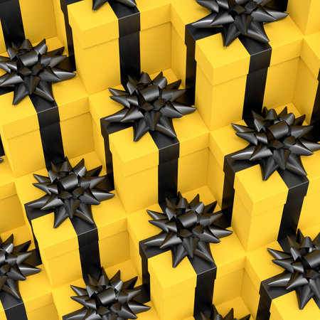 Gift boxes with ribbon and bow flying and falling on black background. 3d render concept of greeting design Birthday, Merry Christmas, Black friday, New Yearの写真素材