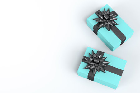 Gift boxes with ribbon and bow flying and falling on white background. 3d render concept of greeting...