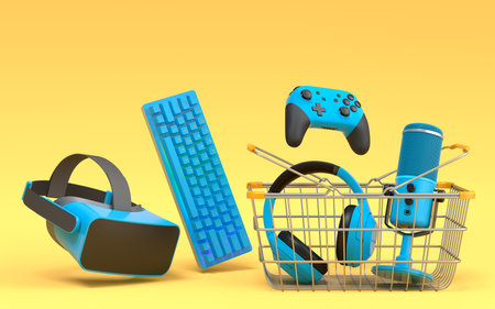 Gamer gears like mouse, keyboard, joystick, headset, VR in metal wire basket