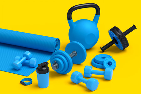 Isometric view of sport equipment like yoga mat, kettlebell, fitness ball and smart watches on yellow background. 3d render of power lifting and fitness conceptの写真素材