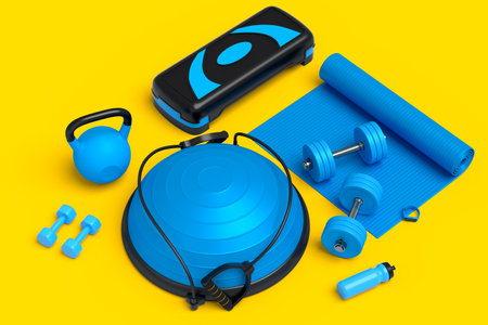 Isometric view of sport equipment like yoga mat, kettlebell, fitness ball and smart watches on yellow background. 3d render of power lifting and fitness conceptの写真素材