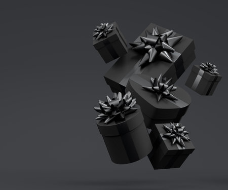 Gift boxes with ribbon and bow flying and falling on black background. 3d render concept of greeting design Birthday, Merry Christmas, Black friday, New Yearの写真素材