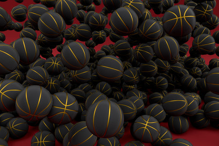 Many of flying black basketball ball falling on red background. 3d render of sport accessories for team playing games, exercise and competitionの写真素材