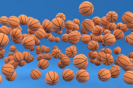 Many of flying orange basketball ball falling on blue background. 3d render of sport accessories for team playing games, exercise and competitionの写真素材