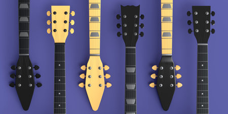 Set of fingerboard of electric acoustic guitar isolated on purple background. 3d render of concept...