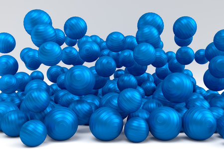 Many of flying blue basketball ball falling on white background. 3d render of sport accessories for team playing games, exercise and competitionの写真素材