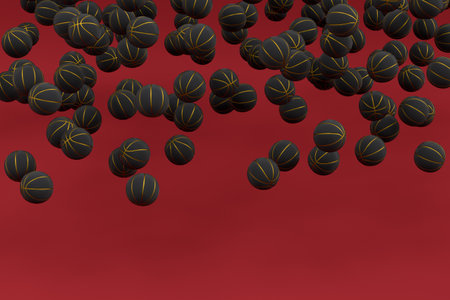 Many of flying black basketball ball falling on red background. 3d render of sport accessories for team playing games, exercise and competitionの写真素材