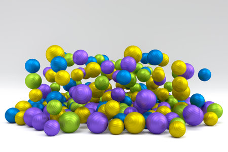 Many of flying multicolor basketball ball falling on white background. 3d render of sport accessories for team playing games, exercise and competitionの写真素材