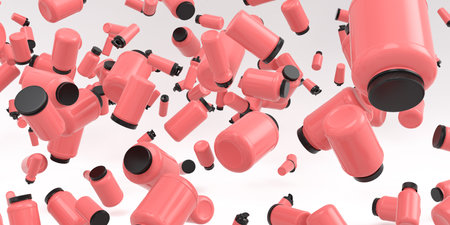 Flying and folling sport equipment like sport shaker for protein drink and water bottles on white background. 3d render of power lifting, fitness and gym conceptの写真素材