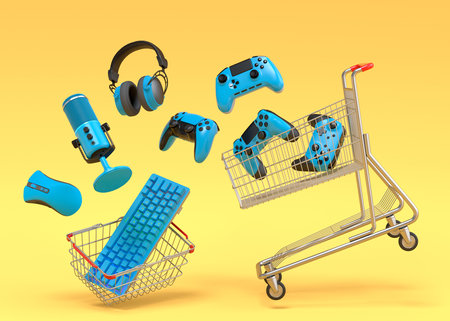 Flying gamer gears like mouse, keyboard, joystick, headset, VR Headset in shopping carts and basket on yellow background. 3d render of sale, shopping and delivery of accessories for live streamingの写真素材
