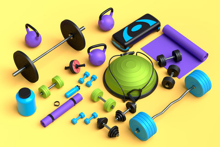 Isometric view of sport equipment like yoga mat, kettlebell, fitness ball and smart watches on yellow background. 3d render of power lifting and fitness conceptの写真素材
