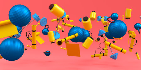 Flying and folling sport equipment like sport shaker, water bottles, kettlebell, fitness ball and...