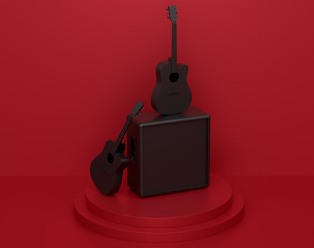 Acoustic guitars and drums with cymbals on podium or pedestal on monochrome background. 3d render of display product like musical percussion instrumentの写真素材
