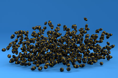 Many of flying black american football ball falling on blue background. 3d render of sport accessories for team playing games, exercise and competitionの写真素材