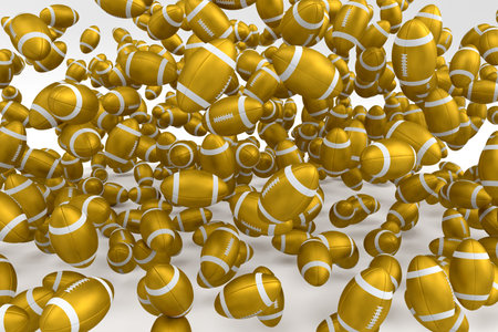 Many of flying gold american football ball falling on white background. 3d render of sport accessories for team playing games, exercise and competitionの写真素材