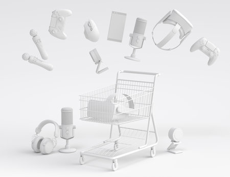Flying gamer gears like mouse, web camera, joystick, headset, VR Headset in shopping carts and basket on monochrome background. 3d render of sale, shopping and delivery of accessories live streamingの写真素材