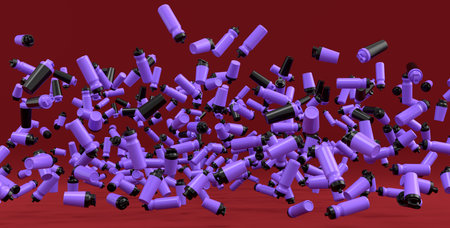 Many of flying plastic sport shaker for protein drink powder on red background. 3d render of power lifting, fitness and gym conceptの写真素材