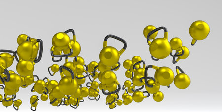 Many of flying sport equipment sport like rubber kettlebell on white background. 3d render of power lifting, fitness and gym conceptの写真素材