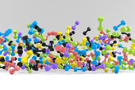 Many of flying sport equipment sport like rubber dumbbell, barbell on white background. 3d render of power lifting, fitness and gym conceptの写真素材