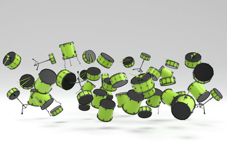 Many of flying drums with metal cymbals on white background. 3d render concept of musical percussion instrument, drum machine and drumsetの写真素材