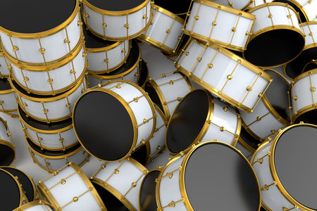 Heap of drums lying on white background. 3d render concept of musical percussion instrument, drum machine and drumsetの写真素材