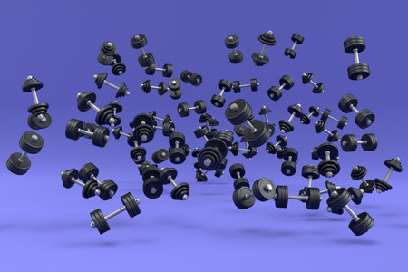 Flying and folling sport equipment like kettlebell, barbell and dumbbell on violet background. 3d render of power lifting, fitness and gym conceptの写真素材
