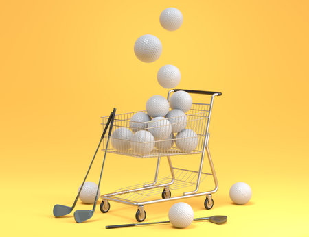 Set of ball like basketball, american football and golf in shopping cart on yellow background. 3d rendering of sport accessories for team playing gamesの写真素材