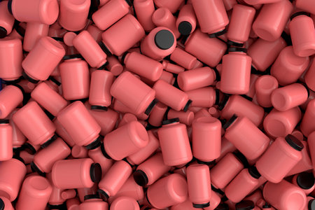 Pile of plastic jar for sport nutrition protein powder on white background. 3d render of power lifting, fitness and gym conceptの写真素材