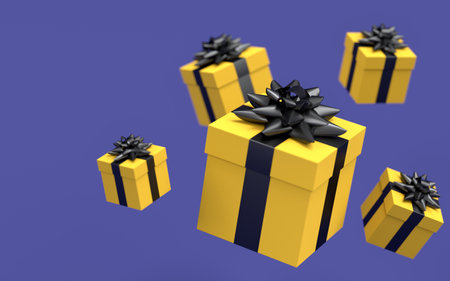 Gift boxes with ribbon and bow flying and falling on violet background. 3d render concept of greeting design Birthday, Merry Christmas, Black friday, New Yearの写真素材