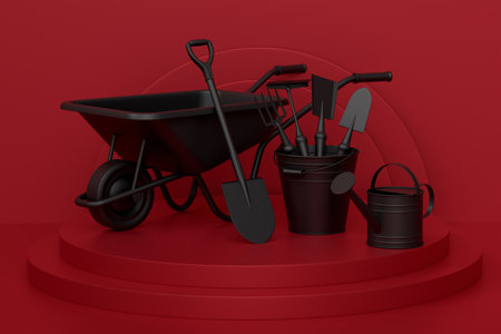 Garden equipment and supply on podium or pedestal on monochrome background. 3d render of display product like farm equipment and accessoriesの写真素材