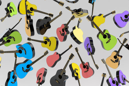 Many of flying acoustic guitars isolated on white background. 3d render of concept for rock festival poster with spanish guitar for music shopの写真素材