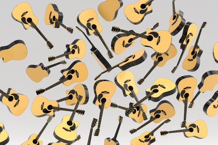Many of flying acoustic guitars isolated on white background. 3d render of concept for rock festival poster with spanish guitar for music shopの写真素材