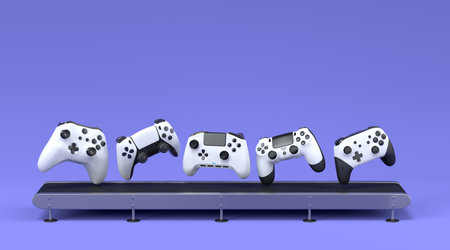 Set of gamer joysticks or gamepads on factory line on violet background. 3d render concept of sale, discount, shopping and delivery of accessories for live streaming concept top viewの写真素材