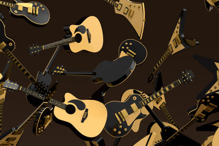 Many of flying electric guitars isolated on black background. 3d render of concept for rock festival poster with spanish guitar for music shopの写真素材