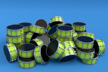 Heap of drums lying on blue background. 3d render concept of musical percussion instrument, drum machine and drumsetの写真素材