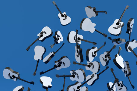 Many of flying acoustic guitars isolated on blue background. 3d render of concept for rock festival poster with spanish guitar for music shopの写真素材