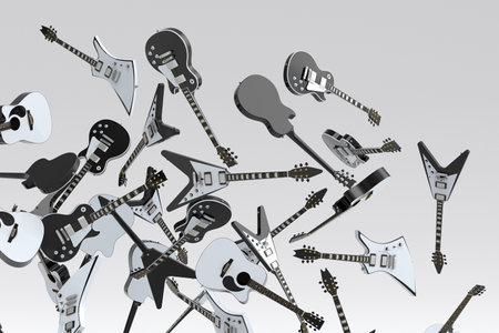 Many of flying acoustic guitars isolated on white background. 3d render of concept for rock festival poster with spanish guitar for music shopの写真素材