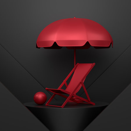 Beach rings, chair and umbrellas on podium or pedestal on monochrome background. 3d render of display product like summer accessories and vacation conceptの写真素材