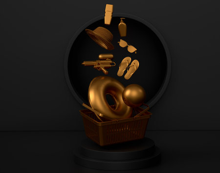 Beach accessories like flip flops, umbrella and hat on monochrome background. 3d render of display product like summer accessories and vacation conceptの写真素材