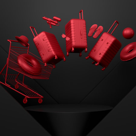Luggage with beach accessories on podium or pedestal on monochrome background. 3d render of display product like summer accessories and vacation conceptの写真素材