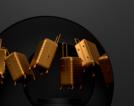 Suitcase and baggage on podium or pedestal on monochrome background. 3d render of display product like summer accessories and vacation conceptの写真素材