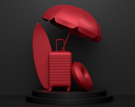 Beach surf, chair, umbrellas and lugagge on podium or pedestal on monochrome background. 3d render of display product like summer accessories and vacation conceptの写真素材