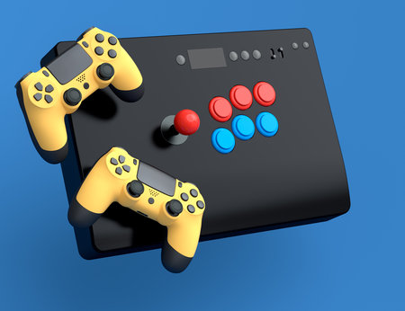 Top view gamer gears like joystick and vintage arcade stick on blue background. 3d render of accessories for live streaming conceptの写真素材