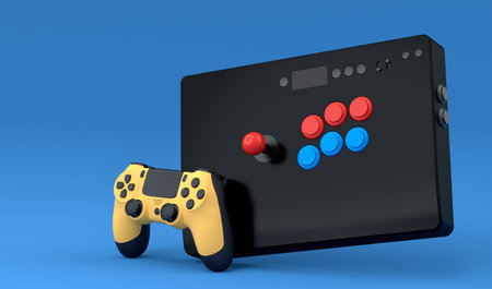 Top view gamer gears like joystick and vintage arcade stick on blue background. 3d render of...