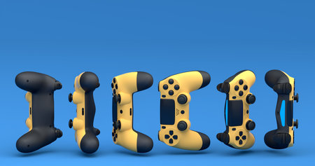Set of flying gamer joysticks or gamepads on blue background. 3d render of accessories for live...