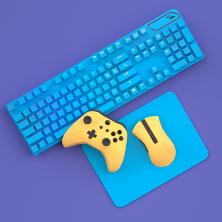 Top view gamer gears like mouse, keyboard, joystick, headphones and mouse on violet background. 3d...