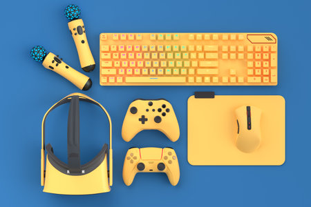 Top view gamer gears like mouse, keyboard, joystick, headphones and VR glasses on blue background....