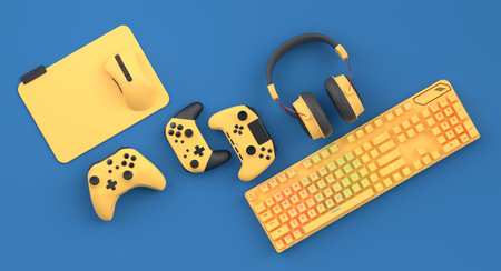 Top view gamer gears like mouse, keyboard, joystick, headphones and mouse on blue background. 3d...
