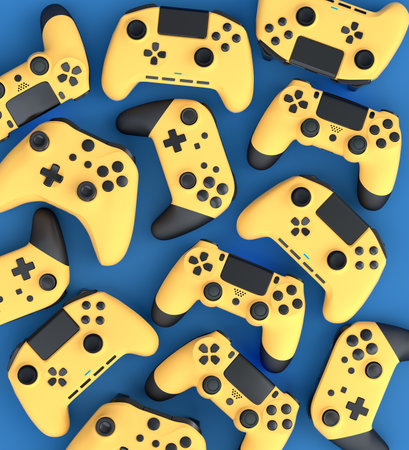 Set of flying gamer joysticks or gamepads on blue background. 3d render of accessories for live streaming conceptの写真素材