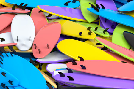 Pile of surfboard isolated on multicolor background. 3d render of summer surfing on a surf board at...